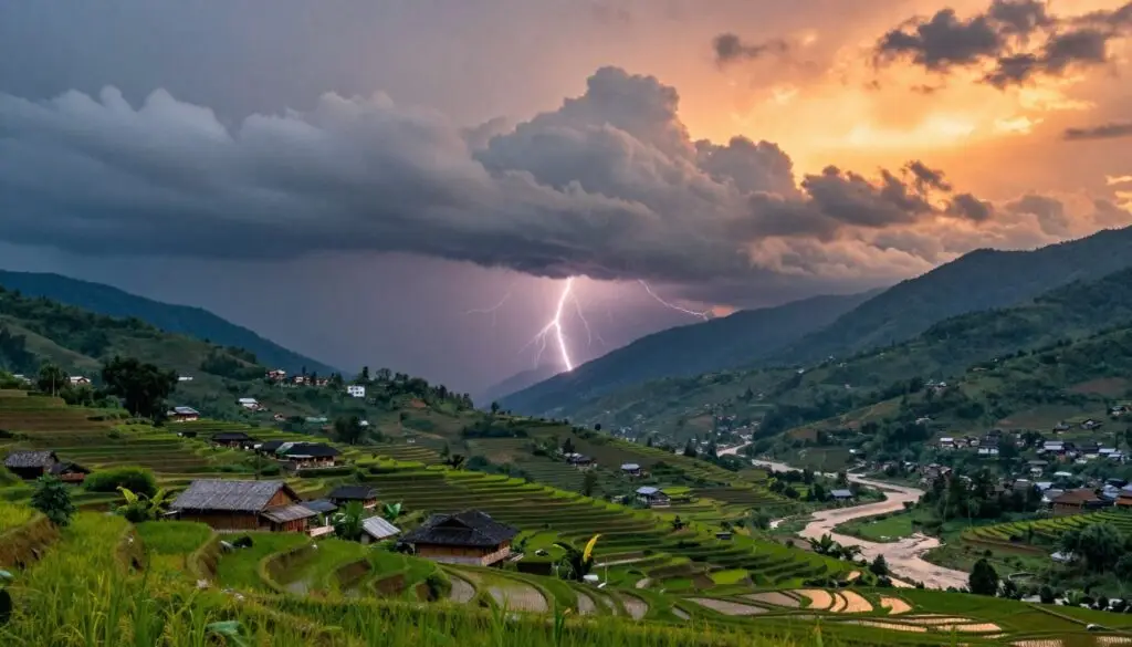 A visually striking representation of the climate factors shaping Asia, showcasing a diverse range of landscapes. In the foreground, lush rice terraces are interspersed with traditional Asian farmhouses, illustrating agricultural adaptation. The middle layer features a dramatic monsoon cloud formation, with streaks of lightning illuminating the scene, symbolizing the powerful weather patterns in the region. In the background, towering mountain ranges rise against a vibrant sunset, highlighting the geographical diversity that influences climate. Incorporate elements like a meandering river and scattered green forests to emphasize the interplay between land and water. Use warm, dynamic lighting to create a sense of energy and movement, capturing the essence of Asia's climate influences. The scene should evoke a feeling of connection between nature and culture without any human subjects or text.