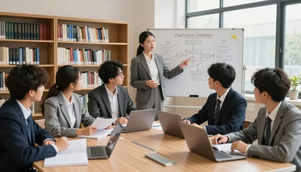 A well-organized classroom setting filled with high school students studying legal regulations and educational policies. In the foreground, a diverse group of students, dressed in professional business attire, are engaged in discussions, with open textbooks and laptops in front of them. In the middle, an educator, standing at a whiteboard filled with flowcharts and key points on legal education guidelines, is passionately explaining concepts. The background showcases a library with shelves of books on legal topics and educational frameworks, warmly lit by natural light streaming through large windows, creating an inviting yet focused atmosphere. The overall mood is one of seriousness and dedication, reflecting the importance of understanding educational regulations in high school. A well-organized classroom setting filled with high school students studying legal regulations and educational policies. In the foreground, a diverse group of students, dressed in professional business attire, are engaged in discussions, with open textbooks and laptops in front of them. In the middle, an educator, standing at a whiteboard filled with flowcharts and key points on legal education guidelines, is passionately explaining concepts. The background showcases a library with shelves of books on legal topics and educational frameworks, warmly lit by natural light streaming through large windows, creating an inviting yet focused atmosphere. The overall mood is one of seriousness and dedication, reflecting the importance of understanding educational regulations in high school.