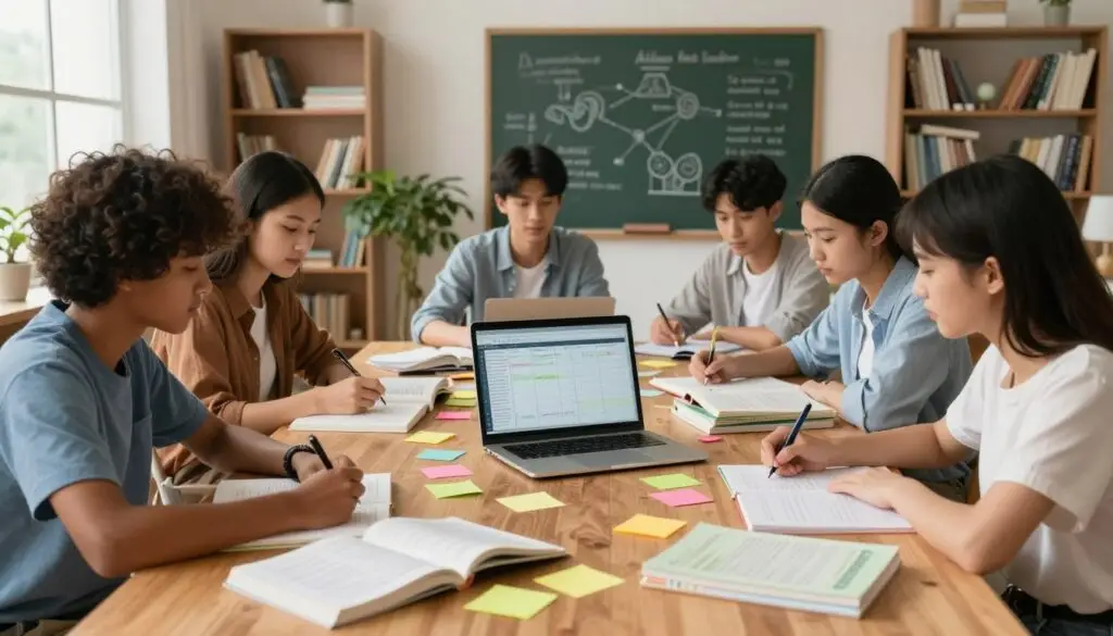 A well-organized study desk featuring a large wooden table covered with biology textbooks, colorful sticky notes scattered all around, and a laptop displaying a study schedule. In the foreground, a diverse group of high school students, dressed in modest casual clothing, are focused on their study materials, collaborating and taking notes. In the middle ground, a chalkboard with diagrams of biological processes and annotations, alongside a potted plant for a touch of nature. The background shows a cozy study room with warm lighting, bookshelves filled with academic resources, and a window allowing soft, natural light to illuminate the scene, creating a motivating and peaceful atmosphere ideal for effective study preparations.