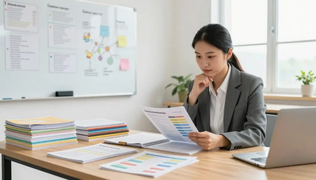 A well-organized workspace featuring a large wooden desk, surrounded by neatly stacked educational materials, curriculum documents, and colorful charts depicting learning objectives. In the foreground, a professional educator in business attire, reviewing a curriculum guide, with a thoughtful expression on their face. The middle ground includes a whiteboard filled with notes, diagrams, and mind maps related to educational standards and assessment criteria. In the background, a bright window allows natural light to flood the room, creating a warm and inviting atmosphere. The scene conveys a sense of focus and professionalism, emphasizing the importance of analyzing educational foundations and requirements. Soft, ambient lighting highlights the educator's engagement with the materials, suggesting a deep commitment to effective teaching practices.