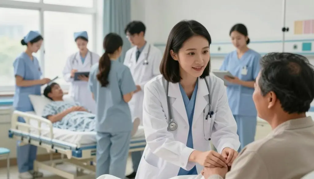 A young medical professional in a white coat, engaged in a hands-on interaction with a patient in a bustling hospital ward. The foreground shows the doctor, a woman of Asian descent with shoulder-length black hair, focused on examining a patient, who looks relieved and grateful. In the middle ground, nursing staff and other medical professionals in smart attire are attending to patients and discussing cases, emphasizing teamwork and care. The background features medical equipment, charts, and softly lit hospital windows that suggest a bright, optimistic atmosphere. The lighting is warm and inviting, creating a sense of hope and professionalism. The angle captures the depth of the ward, drawing viewers into the early stages of a medical career filled with dedication and compassion.