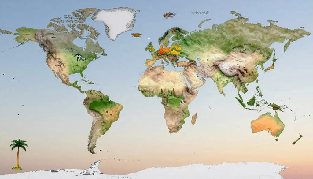 A detailed and visually engaging world map showcasing the various climate zones, including tropical, temperate, polar, and arid regions. In the foreground, display icons or illustrations representing different climate attributes, such as palm trees for tropical zones, coniferous forests for temperate areas, and snowflakes for polar regions. The middle section should depict the transition between these zones, highlighting seasonal changes with visual cues like autumn leaves, spring flowers, summer sun, and winter snow. The background features a soft gradient sky transitioning from blue to light orange, symbolizing a sunset. The overall atmosphere should evoke a sense of global unity and environmental awareness. Use natural lighting to enhance the colors, and apply a panoramic angle to capture the breadth of the world’s climates without any text or branding. A detailed and visually engaging world map showcasing the various climate zones, including tropical, temperate, polar, and arid regions. In the foreground, display icons or illustrations representing different climate attributes, such as palm trees for tropical zones, coniferous forests for temperate areas, and snowflakes for polar regions. The middle section should depict the transition between these zones, highlighting seasonal changes with visual cues like autumn leaves, spring flowers, summer sun, and winter snow. The background features a soft gradient sky transitioning from blue to light orange, symbolizing a sunset. The overall atmosphere should evoke a sense of global unity and environmental awareness. Use natural lighting to enhance the colors, and apply a panoramic angle to capture the breadth of the world’s climates without any text or branding.