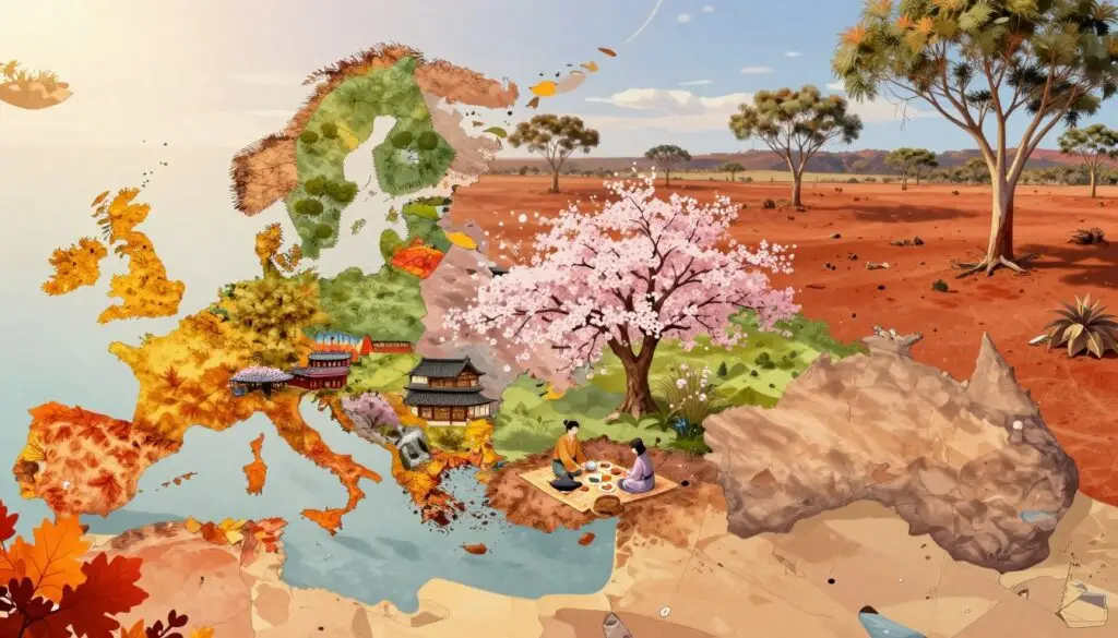 A detailed illustration showcasing the distinct climates of Poland, Japan, and Australia. In the foreground, vibrant autumn leaves represent Poland's temperate climate, alongside traditional wooden architecture. The middle ground features serene cherry blossoms to symbolize Japan's seasonal beauty, with modestly dressed people enjoying a picnic. The background displays Australia’s vast outback with red earth and eucalyptus trees, capturing its arid landscapes. The scene should feature dynamic lighting, suggesting a transition from day to evening, creating a warm yet refreshing atmosphere. The angle should be slightly elevated, allowing a panoramic view of these diverse climates merging harmoniously, emphasizing the differences and unique characteristics of each region without any added text or overlays. A detailed illustration showcasing the distinct climates of Poland, Japan, and Australia. In the foreground, vibrant autumn leaves represent Poland's temperate climate, alongside traditional wooden architecture. The middle ground features serene cherry blossoms to symbolize Japan's seasonal beauty, with modestly dressed people enjoying a picnic. The background displays Australia’s vast outback with red earth and eucalyptus trees, capturing its arid landscapes. The scene should feature dynamic lighting, suggesting a transition from day to evening, creating a warm yet refreshing atmosphere. The angle should be slightly elevated, allowing a panoramic view of these diverse climates merging harmoniously, emphasizing the differences and unique characteristics of each region without any added text or overlays.
