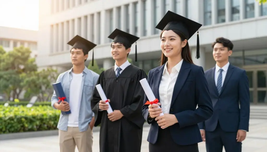 A group of diverse graduates standing confidently, showcasing their diplomas in a modern urban setting. Foreground: a young woman in a professional business attire holding a bachelor's degree, vibrant smile, embodying optimism. Middle ground: two male graduates, one in casual yet smart attire holding a master's degree and the other in a tailored suit with an engineering diploma. Background: a contemporary university building with greenery, symbolizing growth and opportunity. Soft, warm sunlight filters through the scene, creating a hopeful atmosphere. The angle is slightly low, capturing their aspirations and the iconic university architecture, promoting a sense of achievement and readiness for the professional world. A group of diverse graduates standing confidently, showcasing their diplomas in a modern urban setting. Foreground: a young woman in a professional business attire holding a bachelor's degree, vibrant smile, embodying optimism. Middle ground: two male graduates, one in casual yet smart attire holding a master's degree and the other in a tailored suit with an engineering diploma. Background: a contemporary university building with greenery, symbolizing growth and opportunity. Soft, warm sunlight filters through the scene, creating a hopeful atmosphere. The angle is slightly low, capturing their aspirations and the iconic university architecture, promoting a sense of achievement and readiness for the professional world.