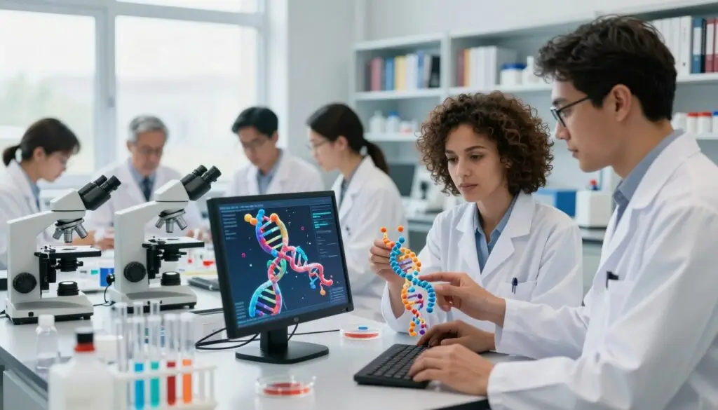 A modern laboratory setting with a focus on molecular biology applications in therapy and clinical research. In the foreground, a diverse group of scientists in white lab coats, including a woman with curly hair and a man with glasses, are examining a colorful 3D model of DNA and protein structures on a digital screen. The middle ground features laboratory equipment like microscopes, test tubes, and petri dishes, illuminated by bright, natural light from large windows. The background showcases shelves filled with books and scientific journals, creating an atmosphere of innovation and discovery. The overall mood is one of collaboration and excitement in advancing medical therapies through molecular biology. Soft focus on the background ensures the foreground is the central focus, highlighting the dedication and teamwork involved in this cutting-edge field. A modern laboratory setting with a focus on molecular biology applications in therapy and clinical research. In the foreground, a diverse group of scientists in white lab coats, including a woman with curly hair and a man with glasses, are examining a colorful 3D model of DNA and protein structures on a digital screen. The middle ground features laboratory equipment like microscopes, test tubes, and petri dishes, illuminated by bright, natural light from large windows. The background showcases shelves filled with books and scientific journals, creating an atmosphere of innovation and discovery. The overall mood is one of collaboration and excitement in advancing medical therapies through molecular biology. Soft focus on the background ensures the foreground is the central focus, highlighting the dedication and teamwork involved in this cutting-edge field.