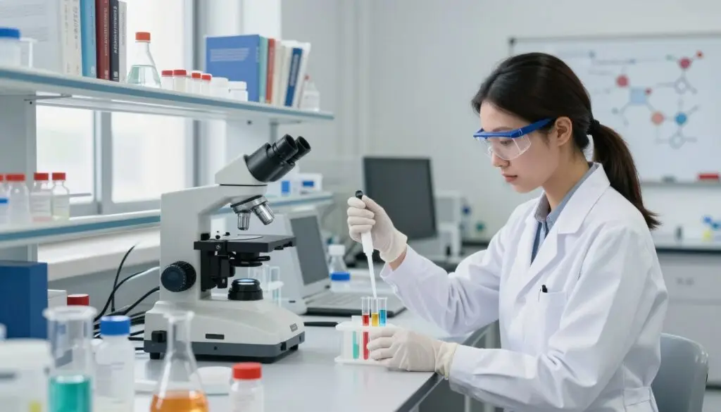 A modern molecular biology laboratory featuring a well-organized workspace with various laboratory equipment. In the foreground, a female scientist in a white lab coat, safety goggles, and gloves is carefully pipetting a colorful liquid into a test tube. In the middle ground, a microscope and a centrifuge are visible, surrounded by neatly labeled reagents and chemical samples. The background shows shelves filled with scientific textbooks, a bright window letting in natural light, and a whiteboard with molecular diagrams. The atmosphere is focused and professional, emphasizing precision and scientific inquiry, with bright and clear lighting to enhance the details of the scene. A modern molecular biology laboratory featuring a well-organized workspace with various laboratory equipment. In the foreground, a female scientist in a white lab coat, safety goggles, and gloves is carefully pipetting a colorful liquid into a test tube. In the middle ground, a microscope and a centrifuge are visible, surrounded by neatly labeled reagents and chemical samples. The background shows shelves filled with scientific textbooks, a bright window letting in natural light, and a whiteboard with molecular diagrams. The atmosphere is focused and professional, emphasizing precision and scientific inquiry, with bright and clear lighting to enhance the details of the scene.