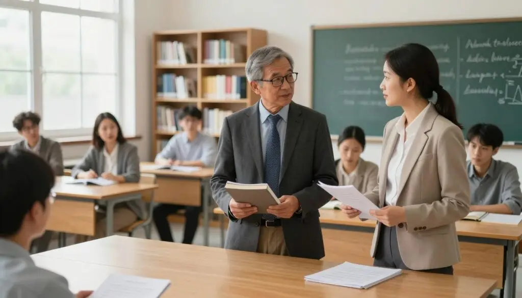 A professional academic setting featuring a diverse group of educators engaging in discussion. In the foreground, a middle-aged male professor and a young female lecturer are standing by a large wooden table, both dressed in smart business attire, holding books and papers. The middle ground showcases a well-organized classroom with bookshelves filled with academic texts, and a large chalkboard with handwritten notes in the background. Soft natural light filters through large windows, creating a warm and inviting atmosphere. The scene conveys a sense of respect and diligence, capturing the essence of academic professionalism in an engaging manner, suitable for illustrating academic interactions. A professional academic setting featuring a diverse group of educators engaging in discussion. In the foreground, a middle-aged male professor and a young female lecturer are standing by a large wooden table, both dressed in smart business attire, holding books and papers. The middle ground showcases a well-organized classroom with bookshelves filled with academic texts, and a large chalkboard with handwritten notes in the background. Soft natural light filters through large windows, creating a warm and inviting atmosphere. The scene conveys a sense of respect and diligence, capturing the essence of academic professionalism in an engaging manner, suitable for illustrating academic interactions.
