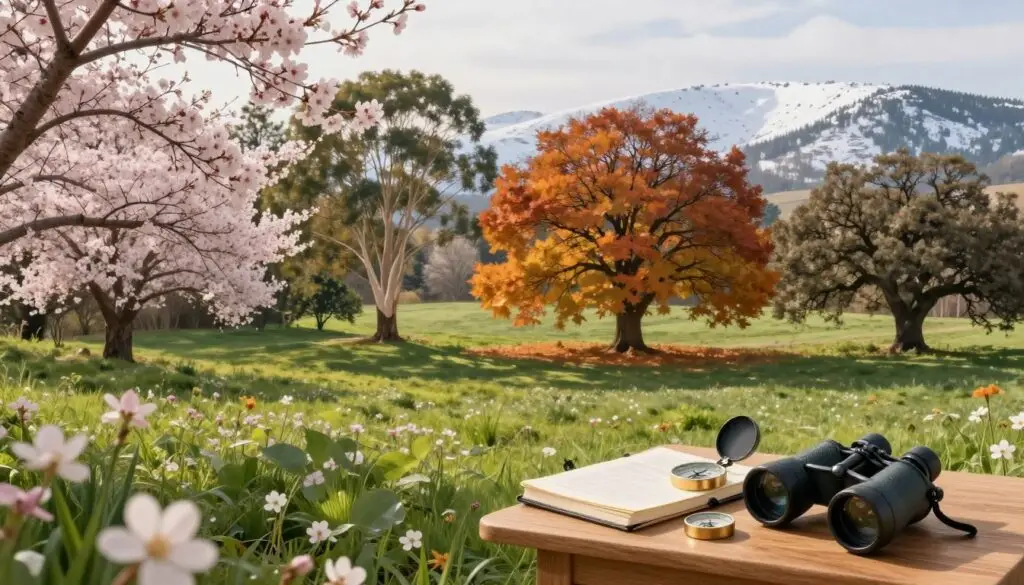 A serene landscape depicting the four seasons in one image, with spring flowers blooming in the foreground, summer greenery in the middle, autumn leaves in warm hues, and winter snow in the background. In the foreground, a small wooden table displays practical observation tools like a journal, a compass, and a pair of binoculars, symbolizing seasonal exploration. The middle ground features diverse trees representing different climates, such as cherry blossoms for Japan, eucalyptus for Australia, and oak trees for Poland. Soft, diffused sunlight filters through tree branches, casting gentle shadows, creating a tranquil mood. Use a warm color palette to evoke a sense of harmony and connection with nature, captured from a slightly elevated angle to encompass the vast beauty of the landscape. A serene landscape depicting the four seasons in one image, with spring flowers blooming in the foreground, summer greenery in the middle, autumn leaves in warm hues, and winter snow in the background. In the foreground, a small wooden table displays practical observation tools like a journal, a compass, and a pair of binoculars, symbolizing seasonal exploration. The middle ground features diverse trees representing different climates, such as cherry blossoms for Japan, eucalyptus for Australia, and oak trees for Poland. Soft, diffused sunlight filters through tree branches, casting gentle shadows, creating a tranquil mood. Use a warm color palette to evoke a sense of harmony and connection with nature, captured from a slightly elevated angle to encompass the vast beauty of the landscape.