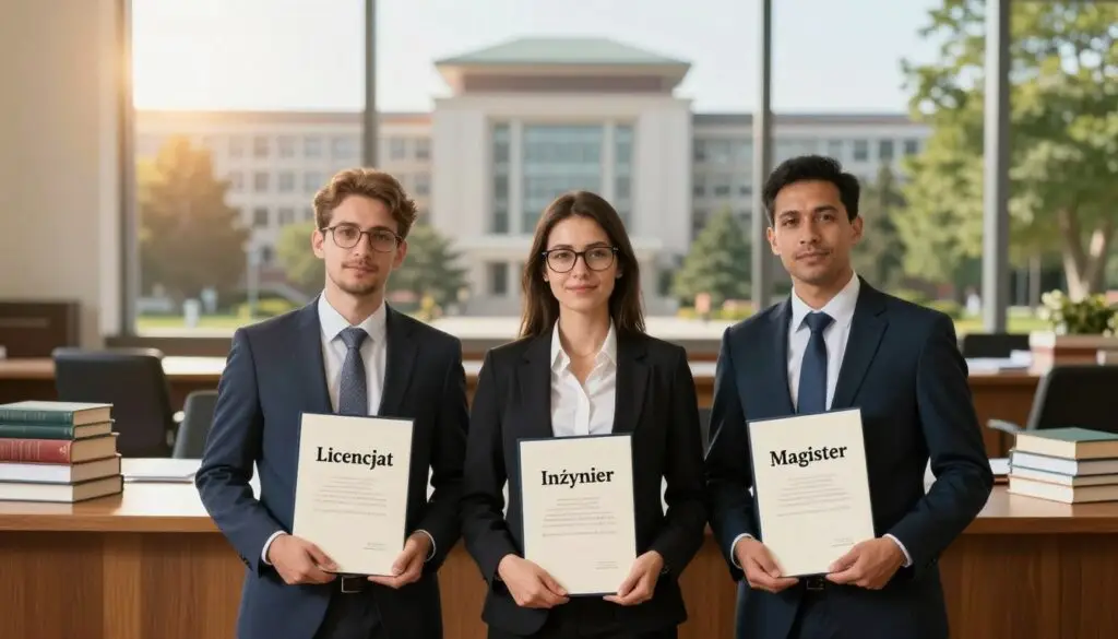 A thoughtful composition illustrating professional career titles in a scholarly context. In the foreground, a diverse group of three individuals, dressed in smart business attire, stands proudly with diplomas in their hands, representing "Licencjat," "Inżynier," and "Magister." The middle layer features a large wooden desk filled with books and research papers, subtly emphasizing education and achievement. In the background, a softly blurred university campus scene is visible, with gleaming modern buildings and lush green trees, suggesting a vibrant academic environment. The lighting is warm and inviting, with golden sunlight streaming through large windows. The atmosphere is one of accomplishment and professionalism, capturing the essence of educational milestones. A thoughtful composition illustrating professional career titles in a scholarly context. In the foreground, a diverse group of three individuals, dressed in smart business attire, stands proudly with diplomas in their hands, representing "Licencjat," "Inżynier," and "Magister." The middle layer features a large wooden desk filled with books and research papers, subtly emphasizing education and achievement. In the background, a softly blurred university campus scene is visible, with gleaming modern buildings and lush green trees, suggesting a vibrant academic environment. The lighting is warm and inviting, with golden sunlight streaming through large windows. The atmosphere is one of accomplishment and professionalism, capturing the essence of educational milestones.