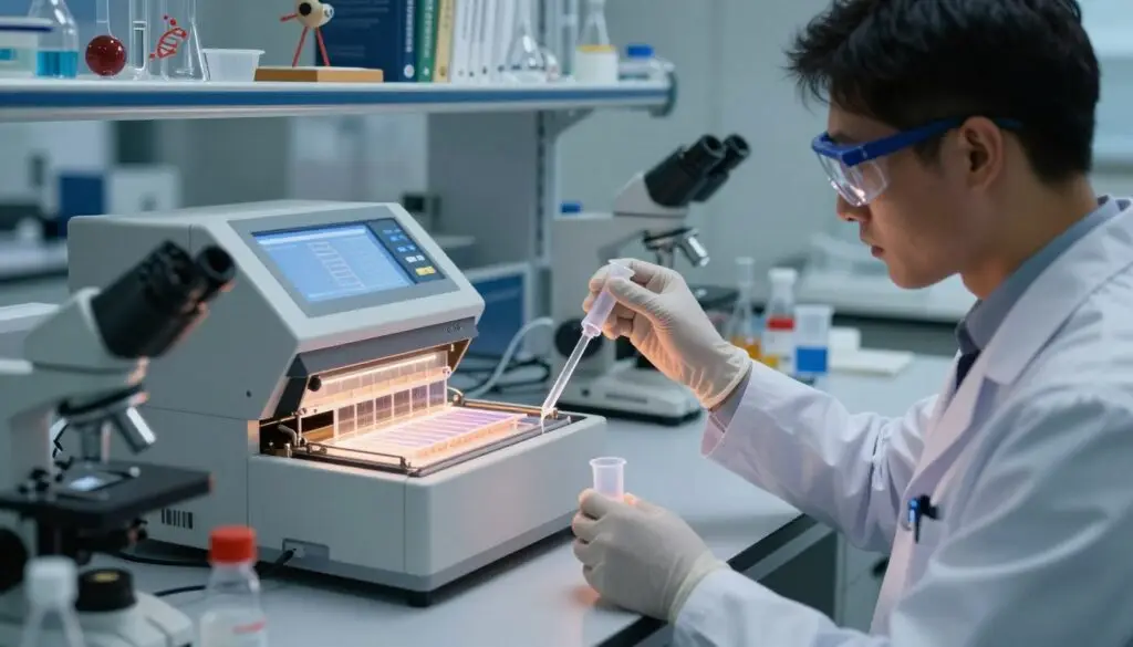 A well-lit molecular biology laboratory scene, showcasing essential techniques such as DNA extraction and gel electrophoresis. In the foreground, a professional researcher in a lab coat, wearing safety goggles and gloves, carefully pipetting a sample into a microcentrifuge tube. In the middle ground, an electrophoresis gel apparatus illuminated with soft, dramatic lighting, revealing bands of DNA. Various laboratory equipment, such as microscopes and reagent containers, are artfully arranged around. The background features shelves filled with scientific books and biological models. The overall atmosphere feels focused and innovative, with a subtle blue tint to emphasize a high-tech environment, shot at eye level with a shallow depth of field for a professional, engaging look. A well-lit molecular biology laboratory scene, showcasing essential techniques such as DNA extraction and gel electrophoresis. In the foreground, a professional researcher in a lab coat, wearing safety goggles and gloves, carefully pipetting a sample into a microcentrifuge tube. In the middle ground, an electrophoresis gel apparatus illuminated with soft, dramatic lighting, revealing bands of DNA. Various laboratory equipment, such as microscopes and reagent containers, are artfully arranged around. The background features shelves filled with scientific books and biological models. The overall atmosphere feels focused and innovative, with a subtle blue tint to emphasize a high-tech environment, shot at eye level with a shallow depth of field for a professional, engaging look.